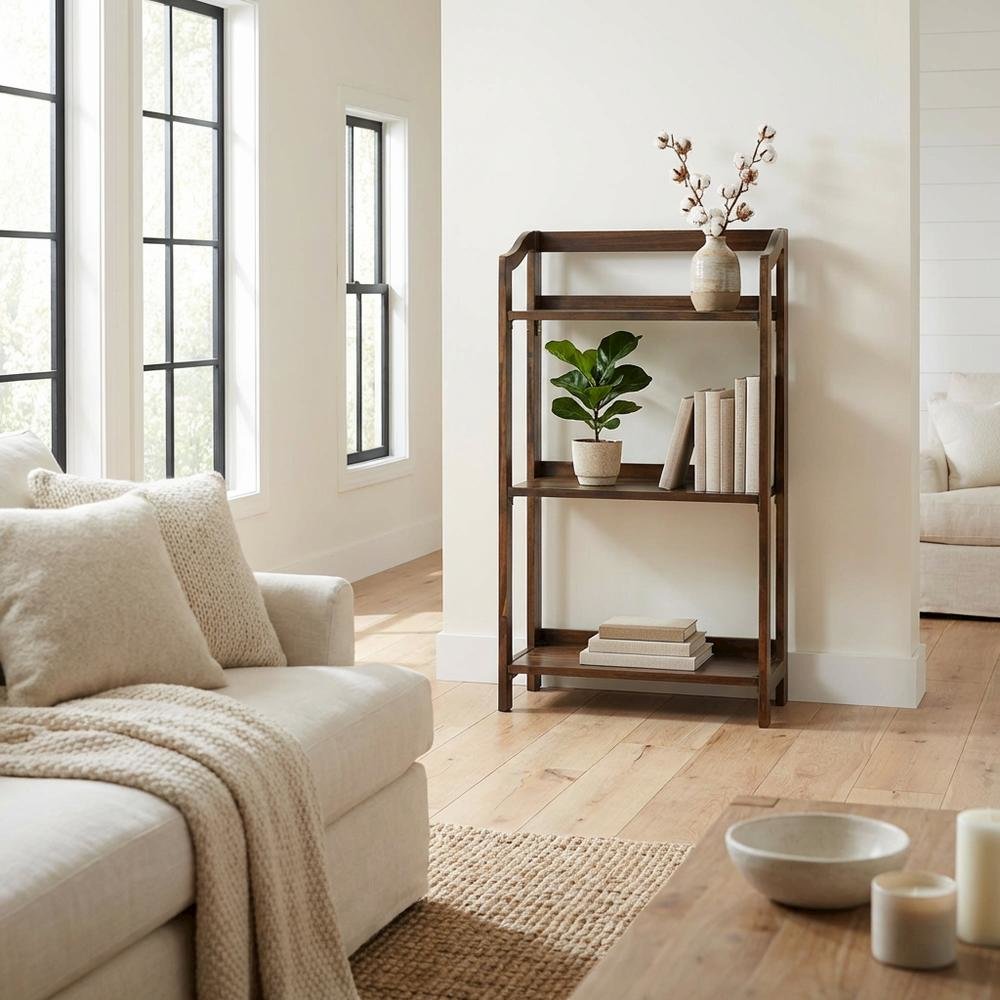 Wooden bookcase with open shelving for storage and display