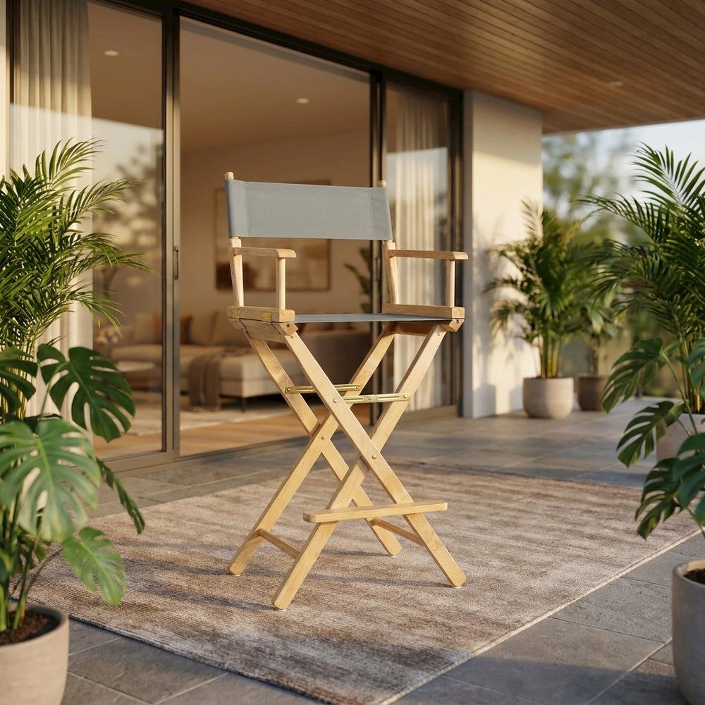 Gray Director's Chair, Natural Wood Frame, 30-Inch Bar Height