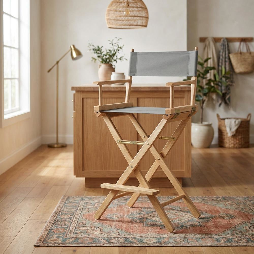 Gray Director's Chair, Natural Wood Frame, 30-Inch Bar Height