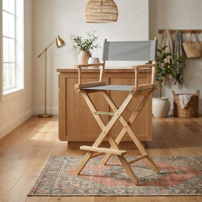 Gray Director's Chair, Natural Wood Frame, 30-Inch Bar Height