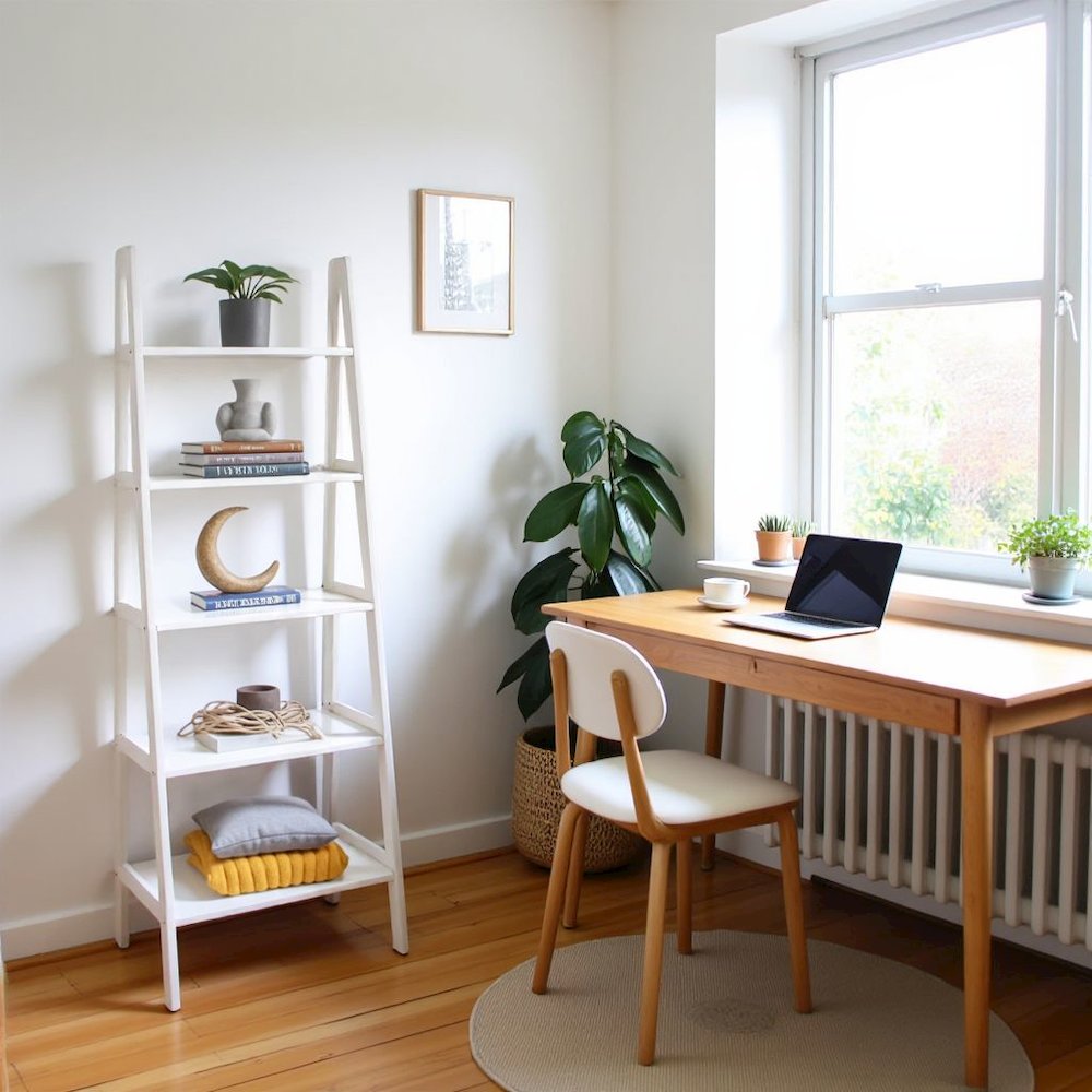 White Ladder Shelf with 5 Tiers, Solid Wood Frame and Decorative Design