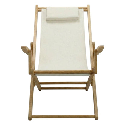 Beige Sling Chair, Natural Wood Frame, Folding Outdoor Accent