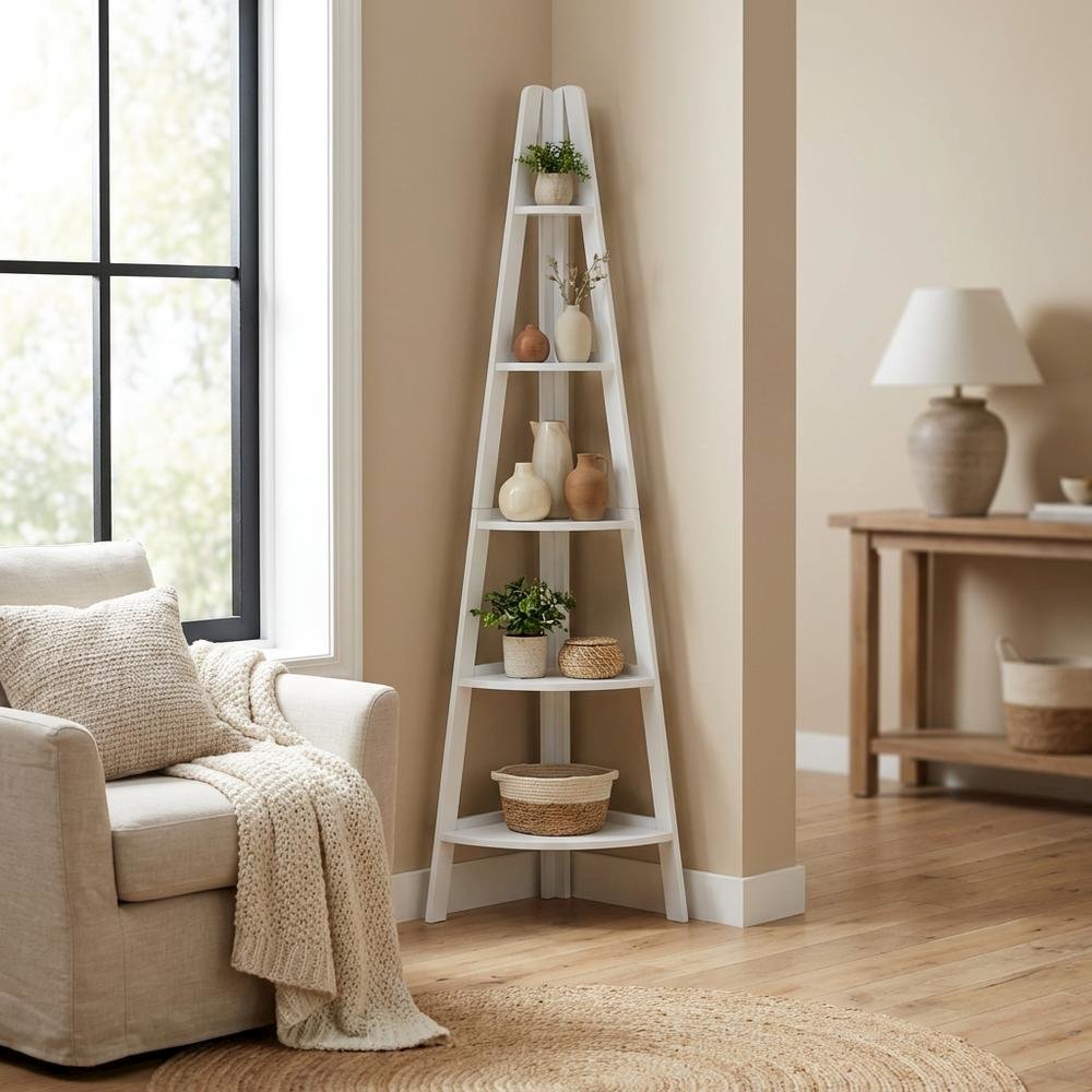 Tall wooden bookcase with five shelves and sturdy construction