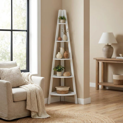 Tall wooden bookcase with five shelves and sturdy construction