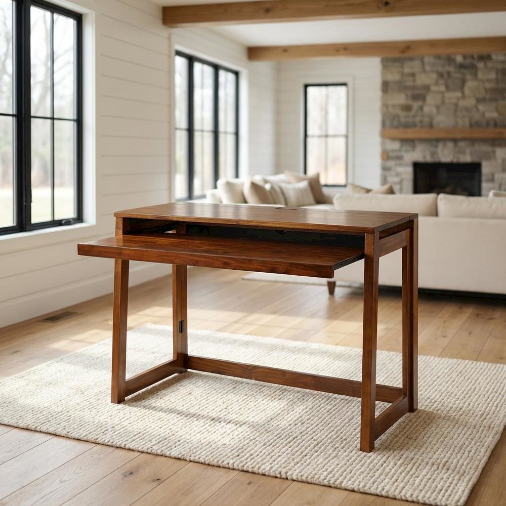 Warm Brown Folding Desk with USB Port and Pull-Out Surface for Home Office