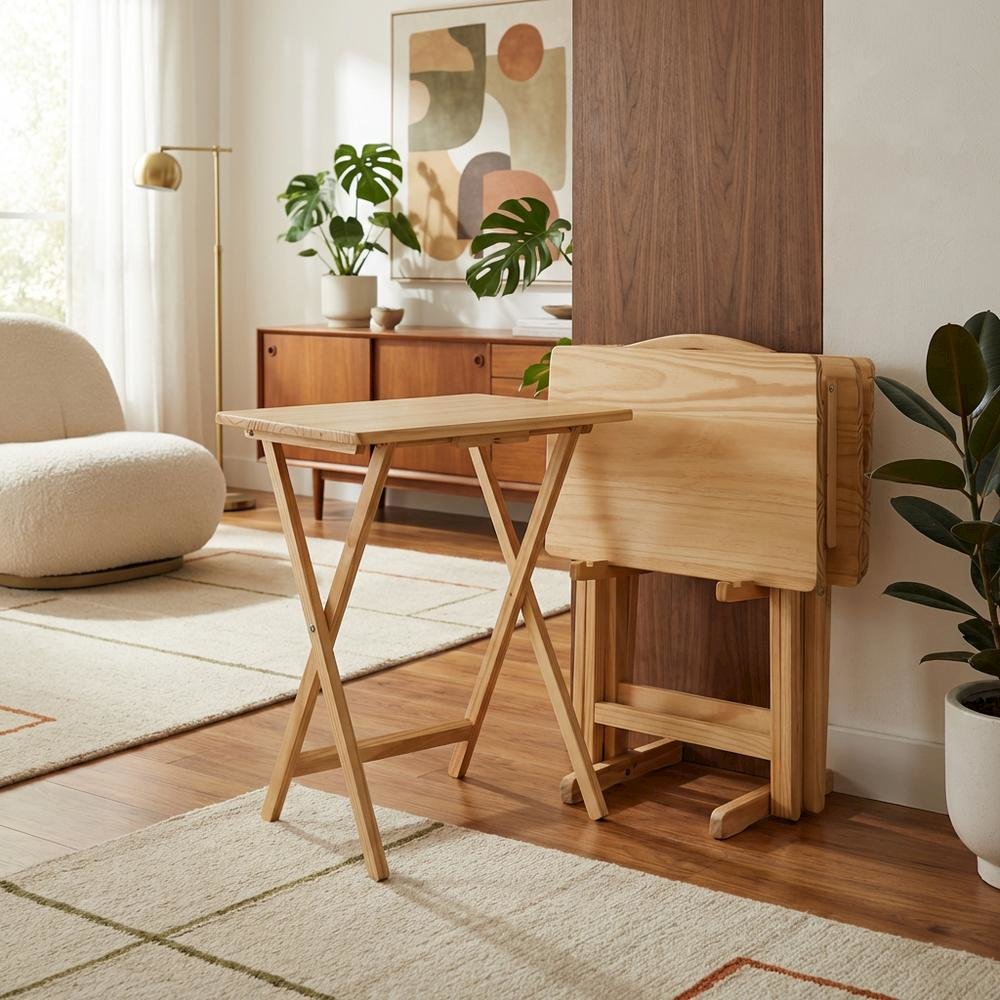 Brown Wooden 5pcs Folding Tables Set with Stand – TV Trays Set of 4