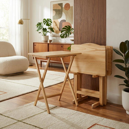 Brown Wooden 5pcs Folding Tables Set with Stand – TV Trays Set of 4