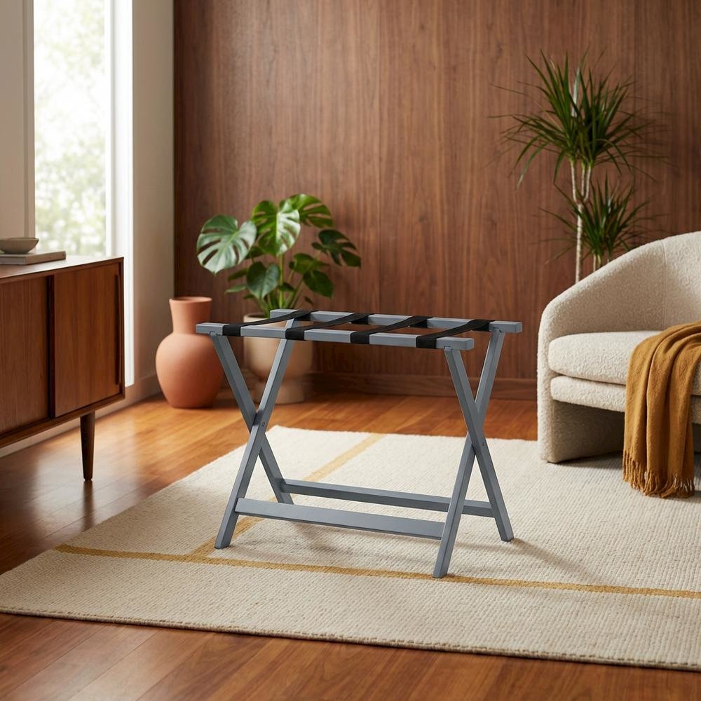 Gray Folding Pine Luggage Rack, Wide Suitcase Stand, Hotel Style