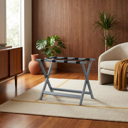 Gray Folding Pine Luggage Rack, Wide Suitcase Stand, Hotel Style