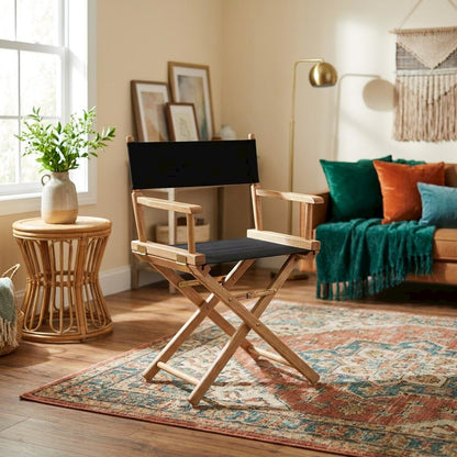 Black Director's Chair, Natural Wood Frame, 18-Inch Seat Height