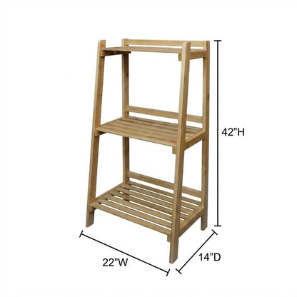 Wooden Slatted 3-Shelf Ladder Bookcase with Solid American Gum Finish