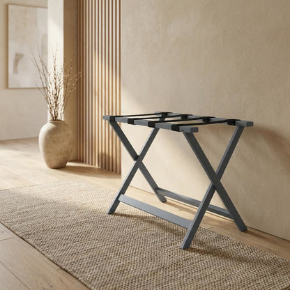 Gray Folding Pine Luggage Rack, Wide Suitcase Stand, Hotel Style