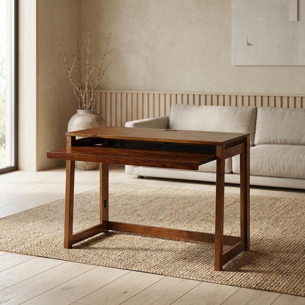 Warm Brown Folding Desk with USB Port and Pull-Out Surface for Home Office