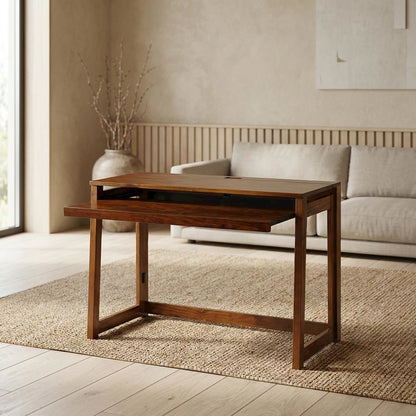Warm Brown Folding Desk with USB Port and Pull-Out Surface for Home Office