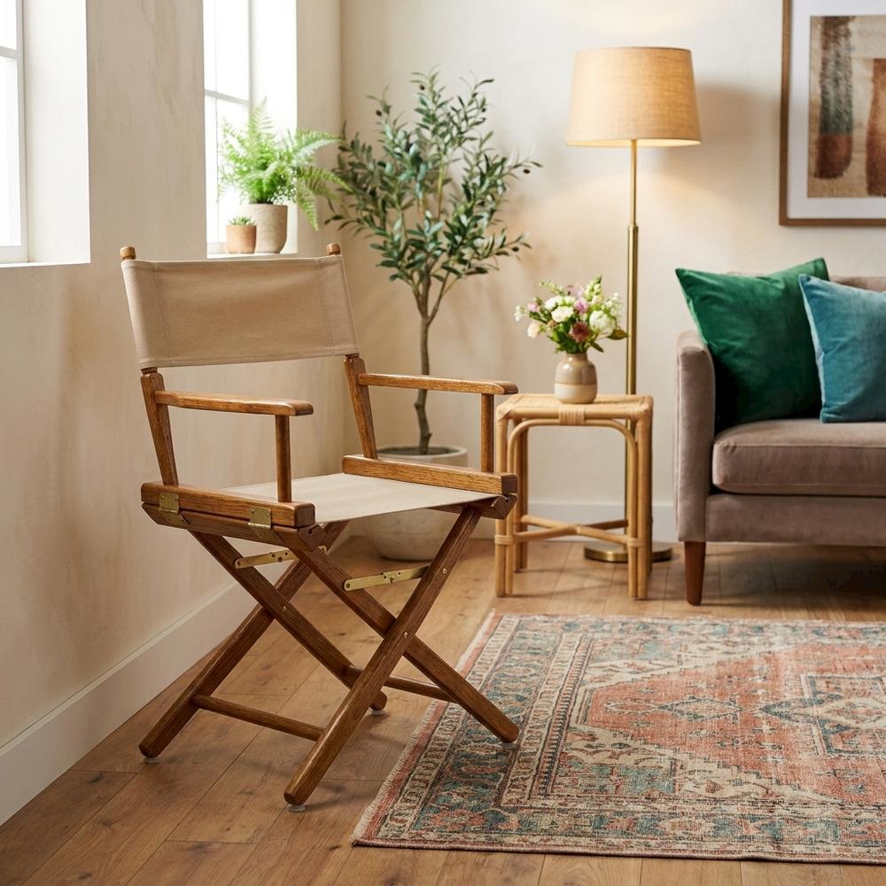 Beige Extra-Wide Director's Chair, Mission Oak Frame, 18-Inch Wide Seat