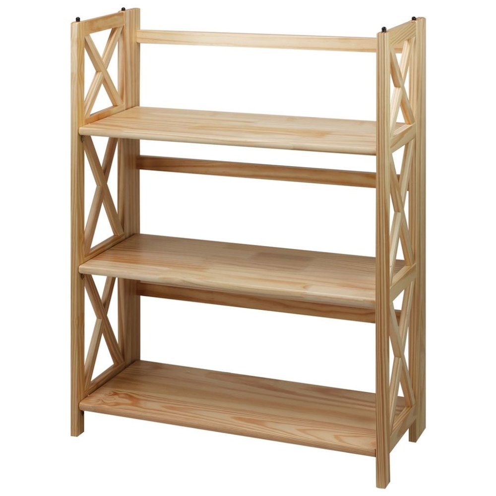 Brown Solid Wood Folding Bookshelf with X-Frame and 3 Shelves