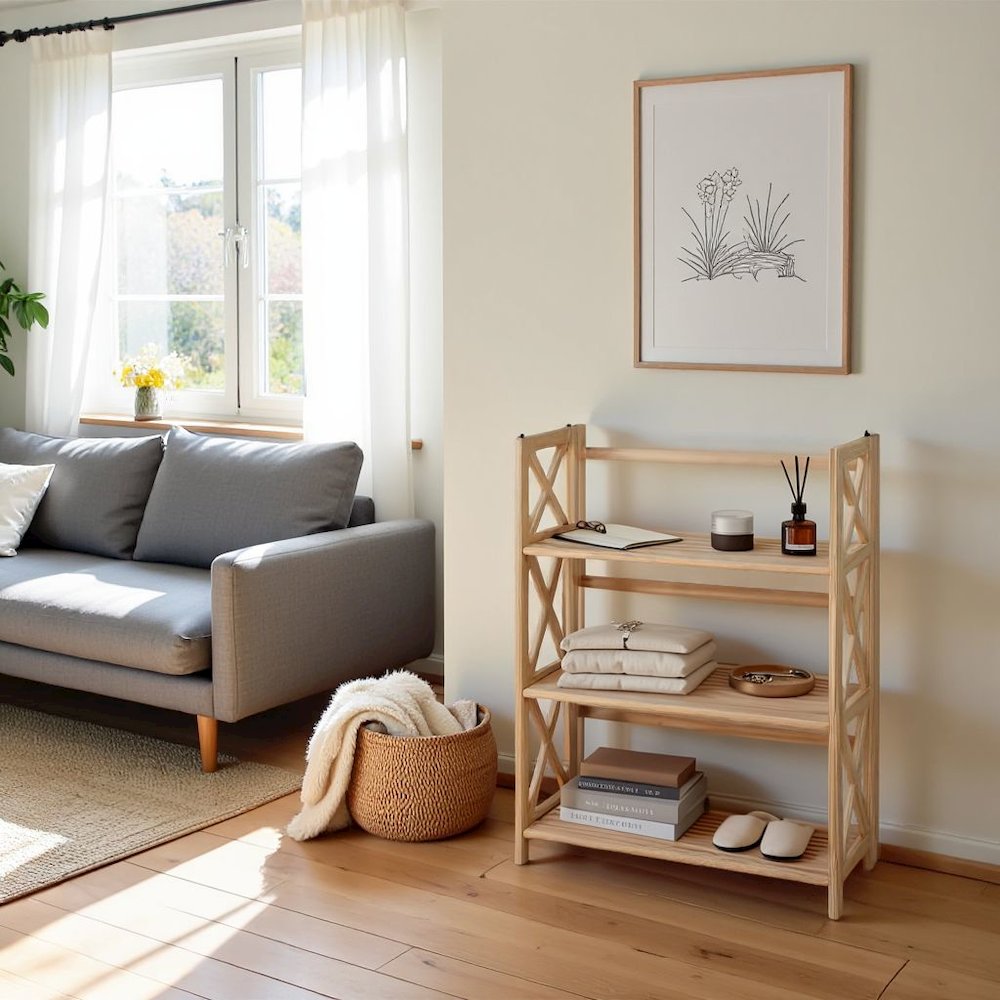 Brown Solid Wood Folding Bookshelf with X-Frame and 3 Shelves
