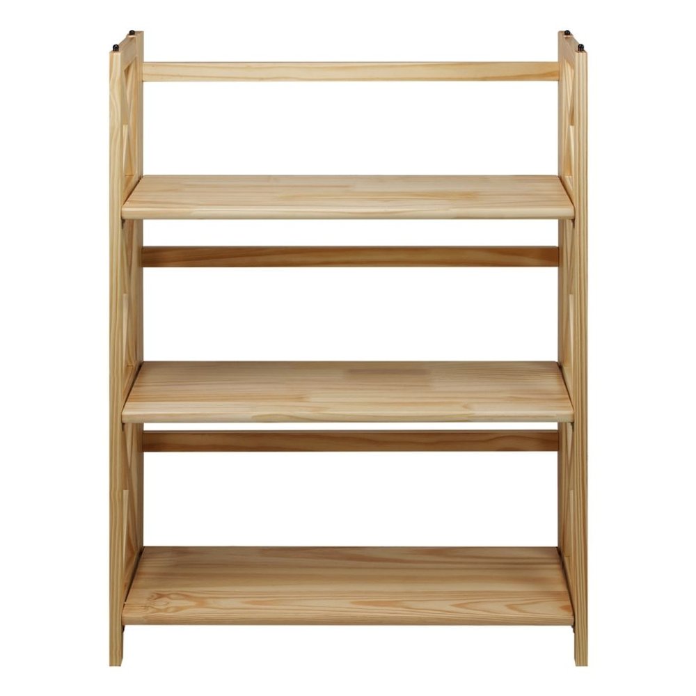 Brown Solid Wood Folding Bookshelf with X-Frame and 3 Shelves
