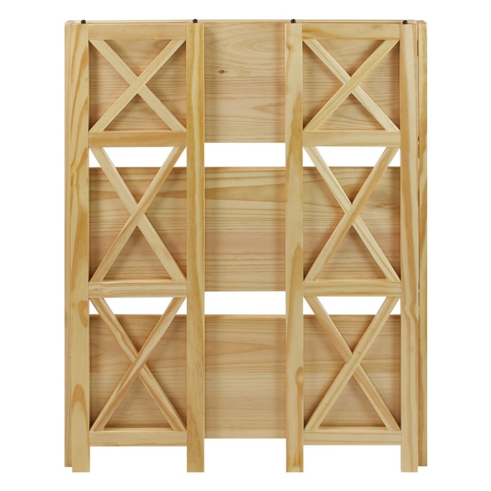 Brown Solid Wood Folding Bookshelf with X-Frame and 3 Shelves
