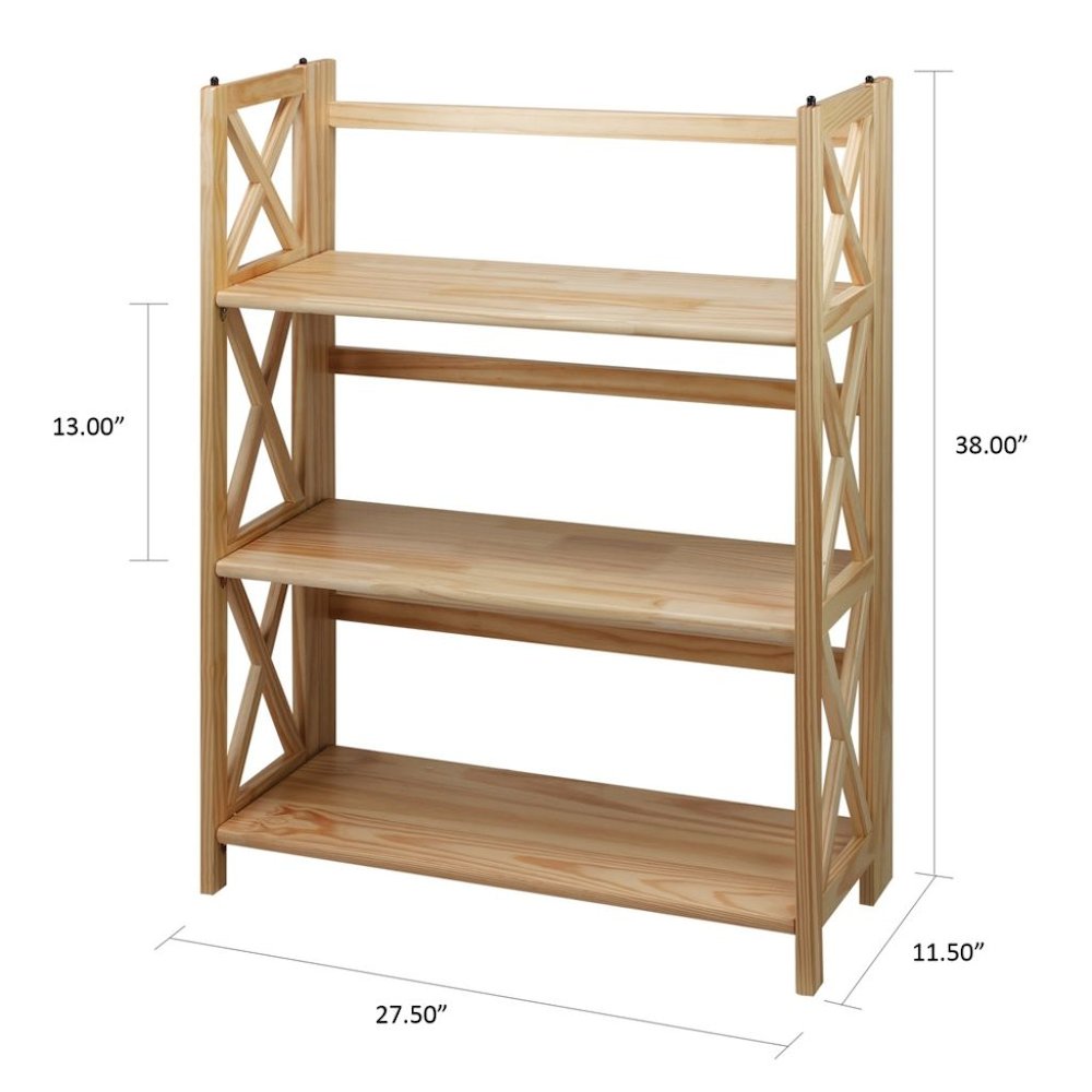 Brown Solid Wood Folding Bookshelf with X-Frame and 3 Shelves