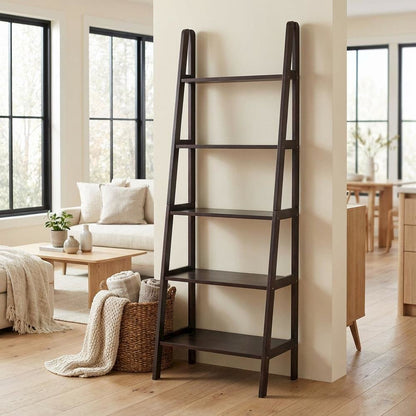 Tall bookcase in natural wood finish with spacious shelves for organized storage