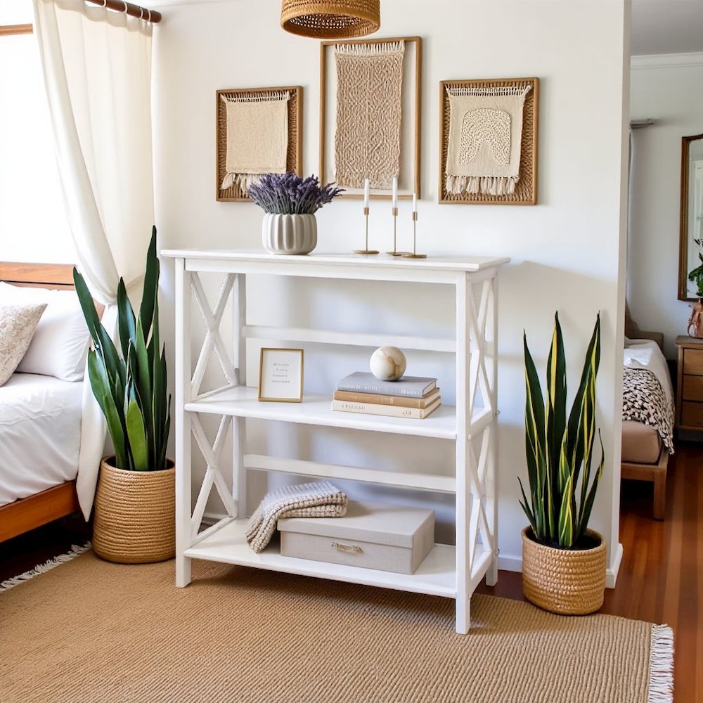 White 3 Tier Bookshelf with Solid Wood Frame and X-Design Style