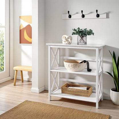 White 3 Tier Bookshelf with Solid Wood Frame and X-Design Style