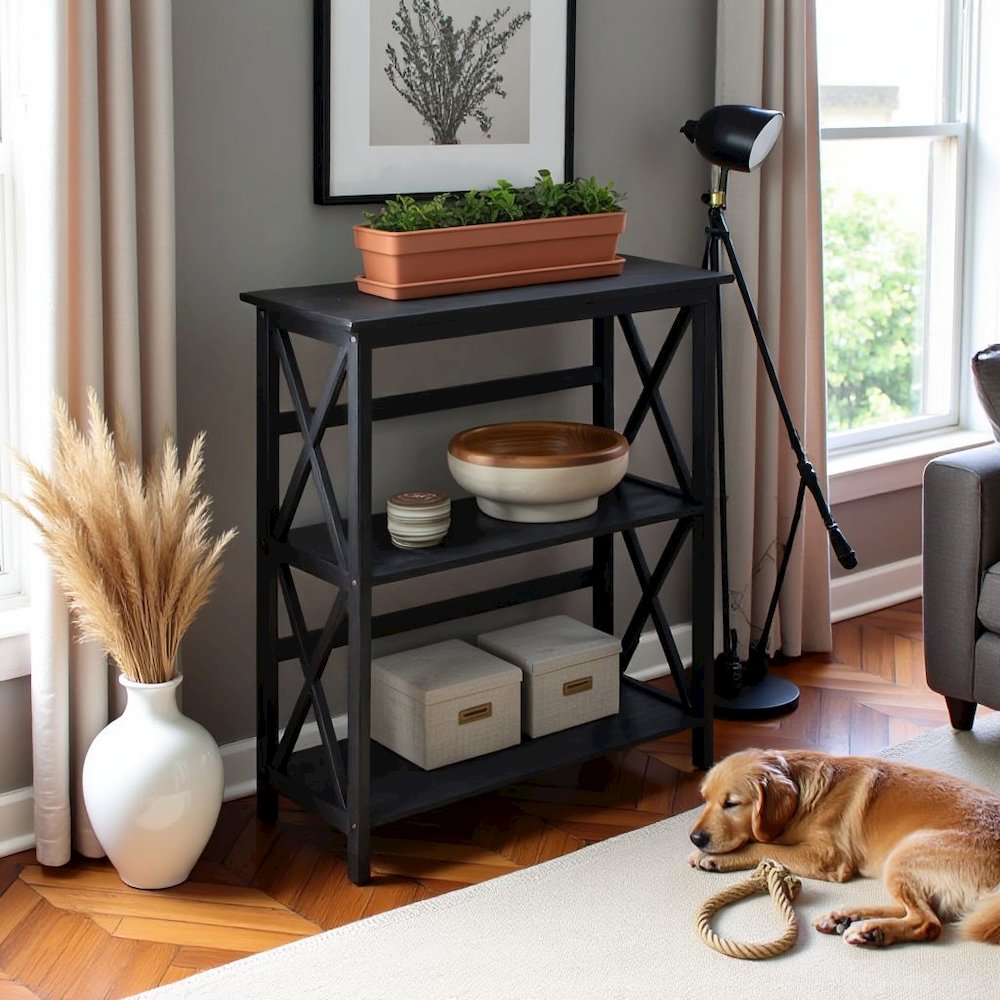 Black 3 Tier Bookshelf with Solid Wood Frame and X-Design Style