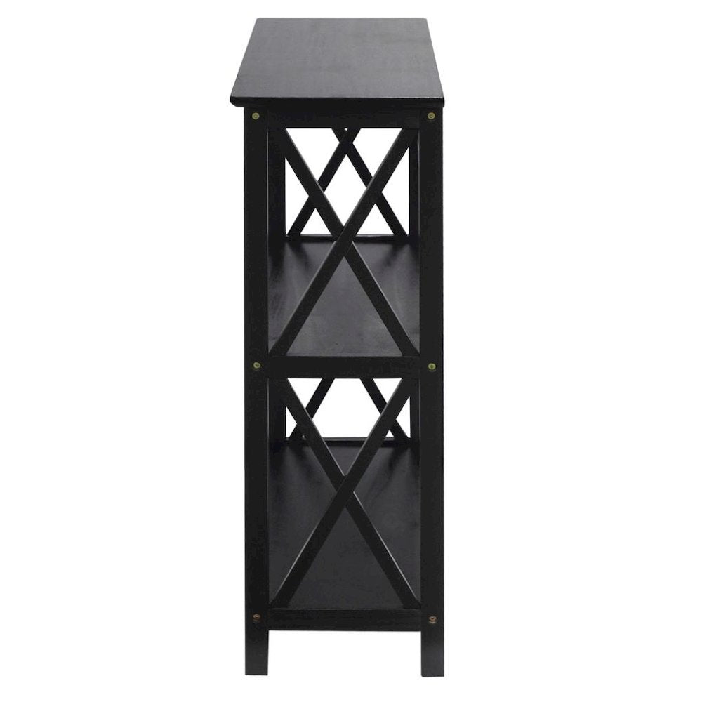 Black 3 Tier Bookshelf with Solid Wood Frame and X-Design Style