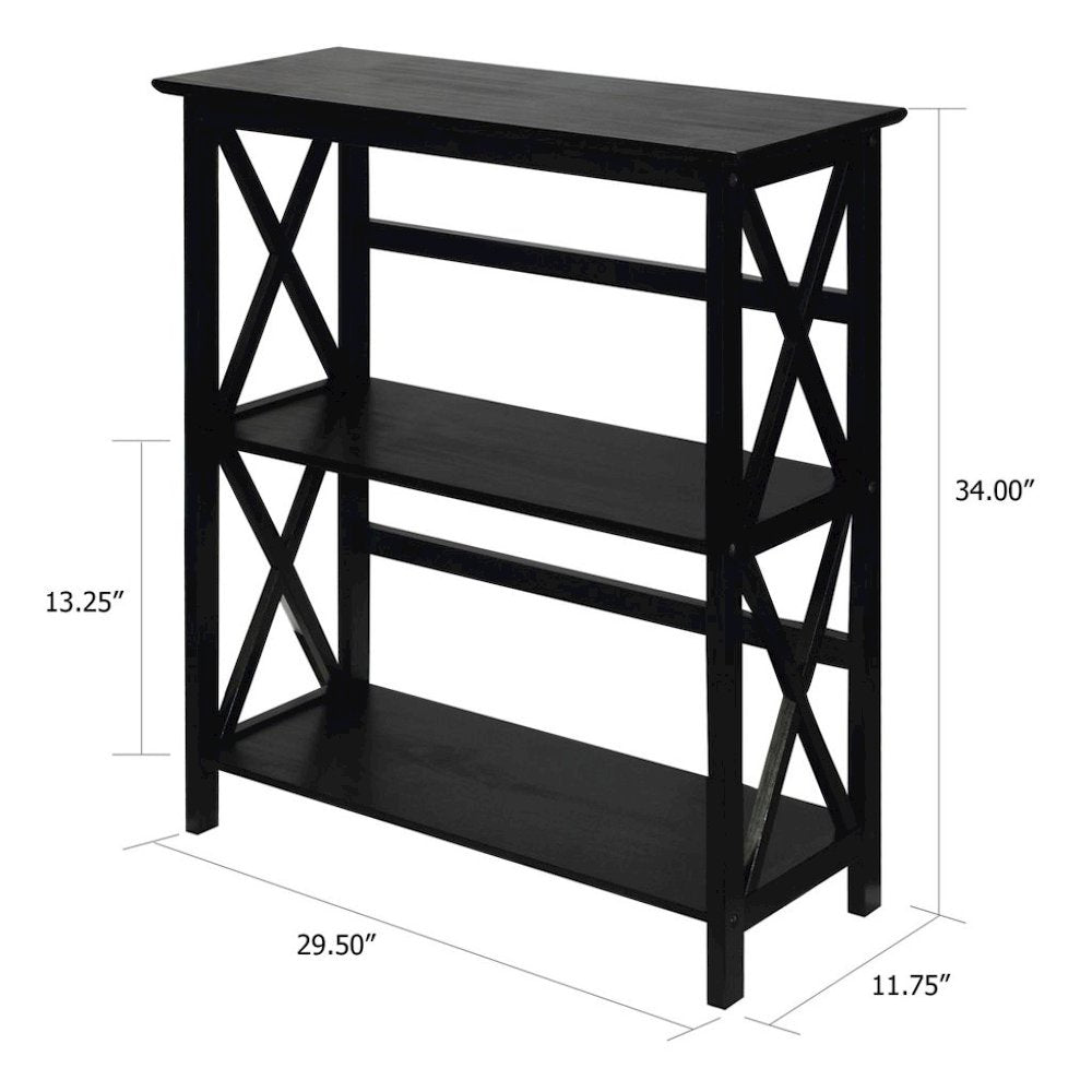 Black 3 Tier Bookshelf with Solid Wood Frame and X-Design Style