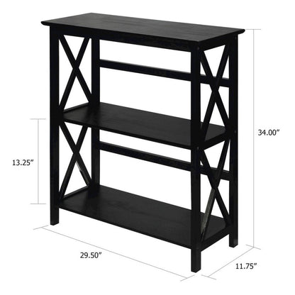 Black 3 Tier Bookshelf with Solid Wood Frame and X-Design Style