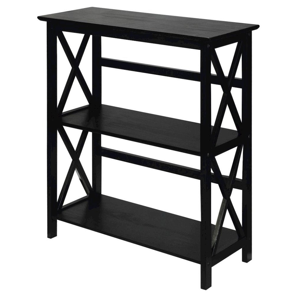 Black 3 Tier Bookshelf with Solid Wood Frame and X-Design Style