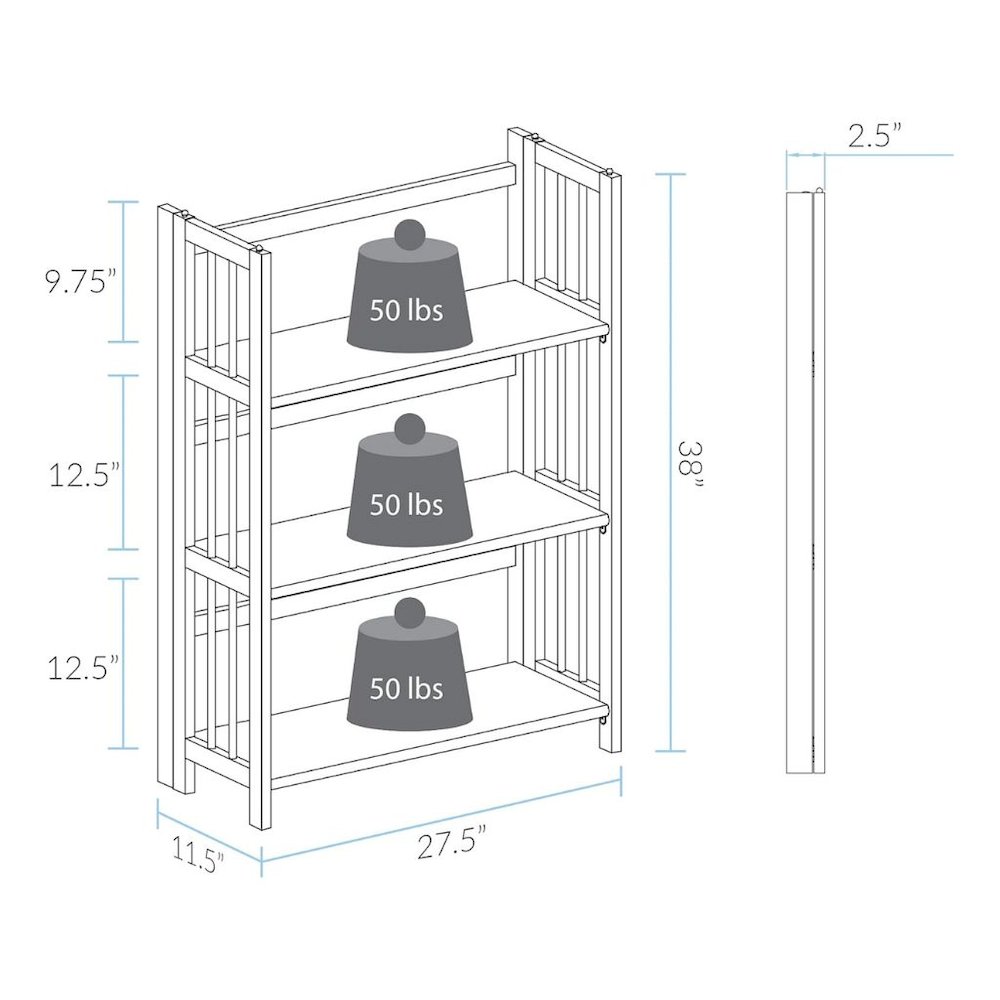 Brown Chestnut Folding Bookshelf with 3 Shelves and Solid Wood Foldable Frame