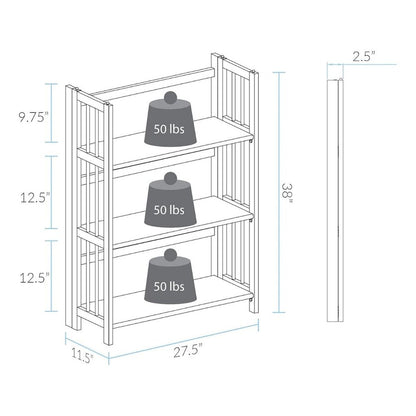 Brown Chestnut Folding Bookshelf with 3 Shelves and Solid Wood Foldable Frame