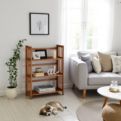 Brown Chestnut Folding Bookshelf with 3 Shelves and Solid Wood Foldable Frame