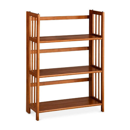 Brown Chestnut Folding Bookshelf with 3 Shelves and Solid Wood Foldable Frame