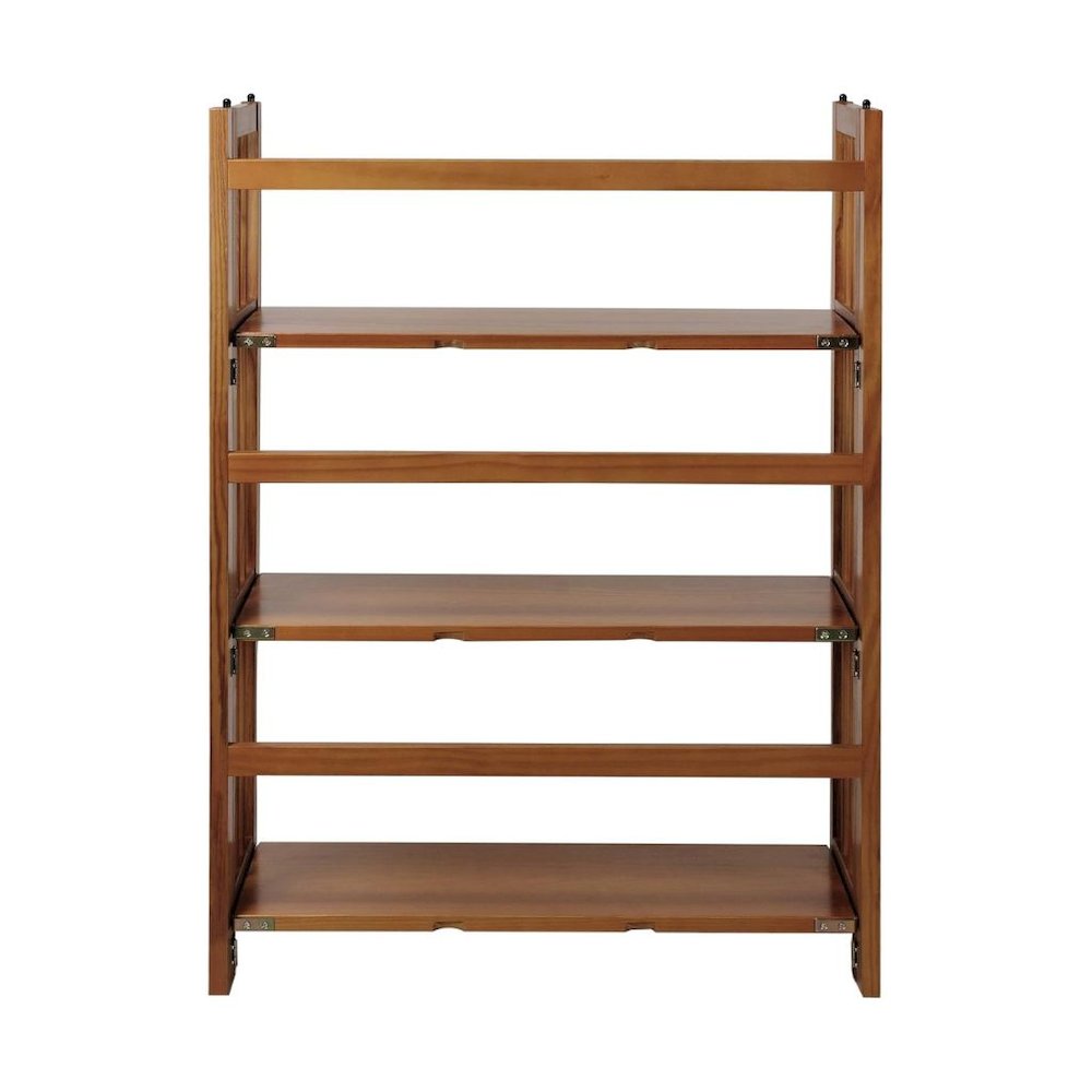 Brown Chestnut Folding Bookshelf with 3 Shelves and Solid Wood Foldable Frame