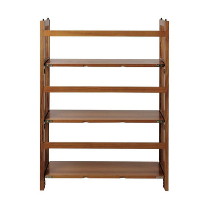 Brown Chestnut Folding Bookshelf with 3 Shelves and Solid Wood Foldable Frame