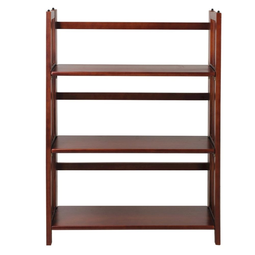 Brown Walnut Folding Bookshelf with 3 Shelves and Solid Wood Foldable Frame