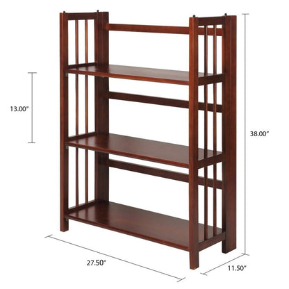 Brown Walnut Folding Bookshelf with 3 Shelves and Solid Wood Foldable Frame