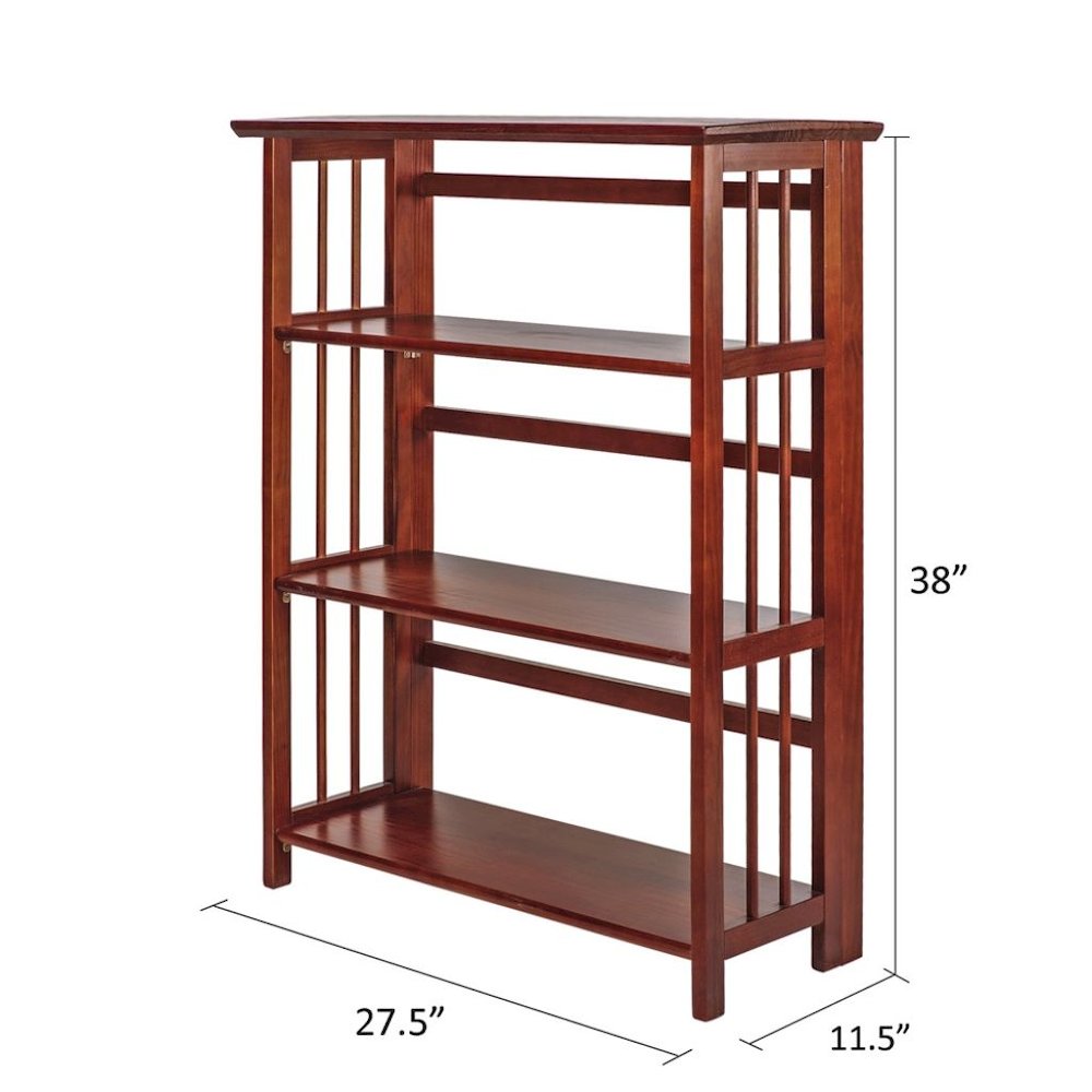 Mahogany Foldable Bookshelf with Solid Wood Frame and 3 Shelves