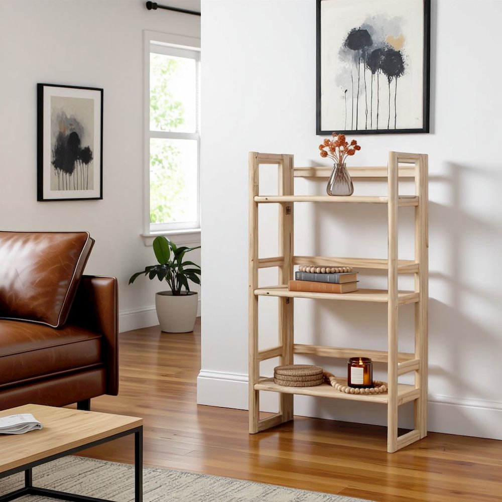 Brown Folding Bookshelf with Foldable Shelf Frame and Three-Tier Storage