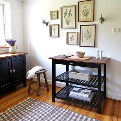 Black Kitchen Island Table with Storage, Drawer and Open Counter 2 Shelves