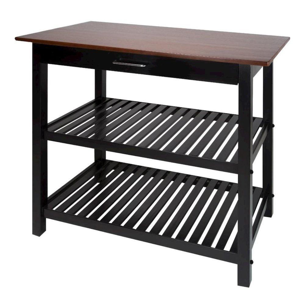 Black Kitchen Island Table with Storage, Drawer and Open Counter 2 Shelves