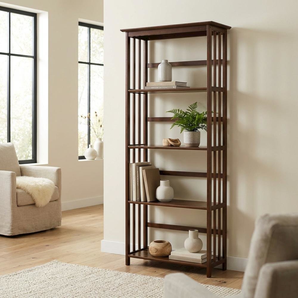 Wooden bookcase in finish with adjustable shelves for versatile storage