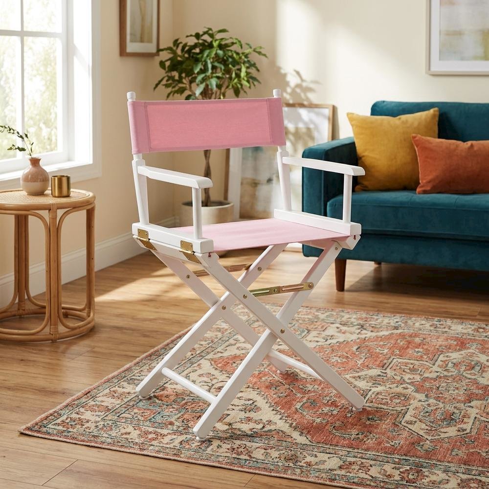 Pink Director's Chair, White Frame, 18-Inch Seat, Folding Accent