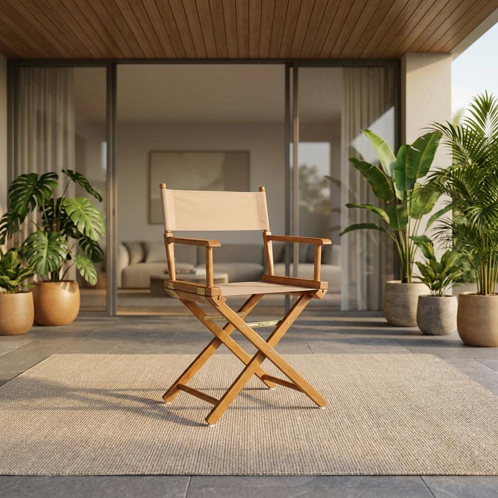 Tan Director's Chair, Honey Oak Frame, 18-Inch Seat, Folding