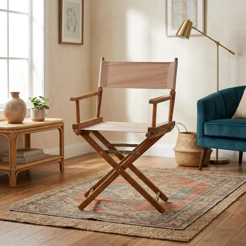Tan Director's Chair, Honey Oak Frame, 18-Inch Seat, Folding