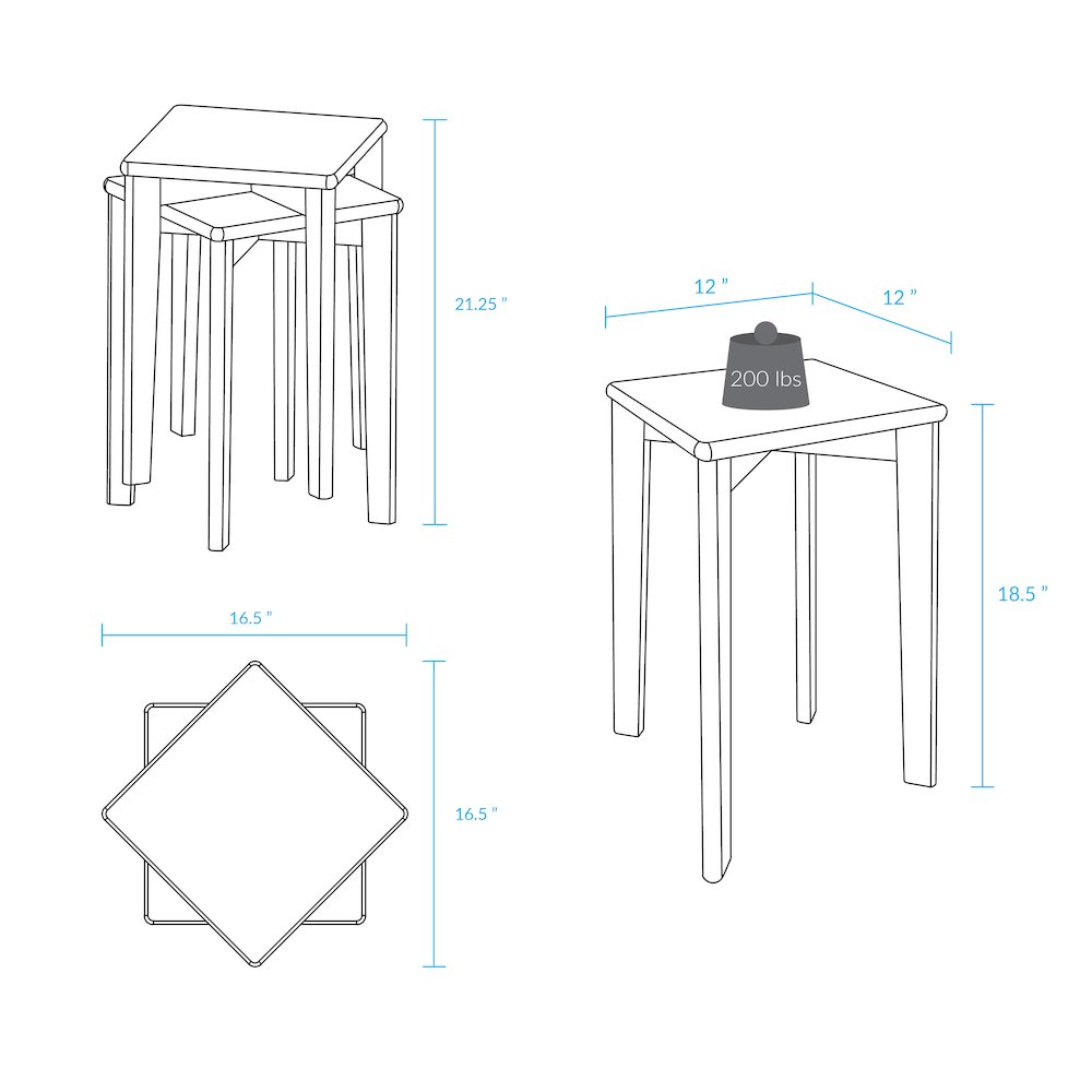 100% American Hardwood Square Stackable Stool 2-Pc Set