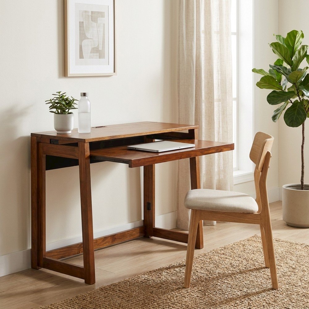 Warm Brown Folding Desk with USB Port and Pull-Out Surface for Home Office